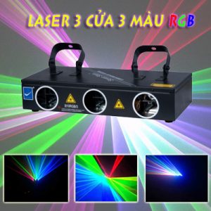 Đèn laser 3 cửa 3 màu RGB nổi trội với 3 cửa tích hợp 3 màu sắc trong cùng 1 đèn chiếu: đỏ,xanh lá, xanh dương. là thiết bị ánh sáng có thể dùng trong sân khấu, trình diễn, các quán bar, nhà hàng,... Có các chế độ quét đảo, quét cặp 2 cửa, quét độc lập.