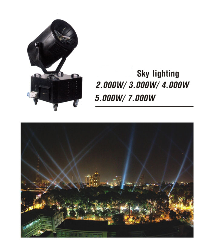 Đèn rọi trời Skylight là dòng chuyên dùng cho sân khấu ngoài trời dùng để rọi trời tạo điểm nhấn, hay tạo sự chú ý trong một khu vực.